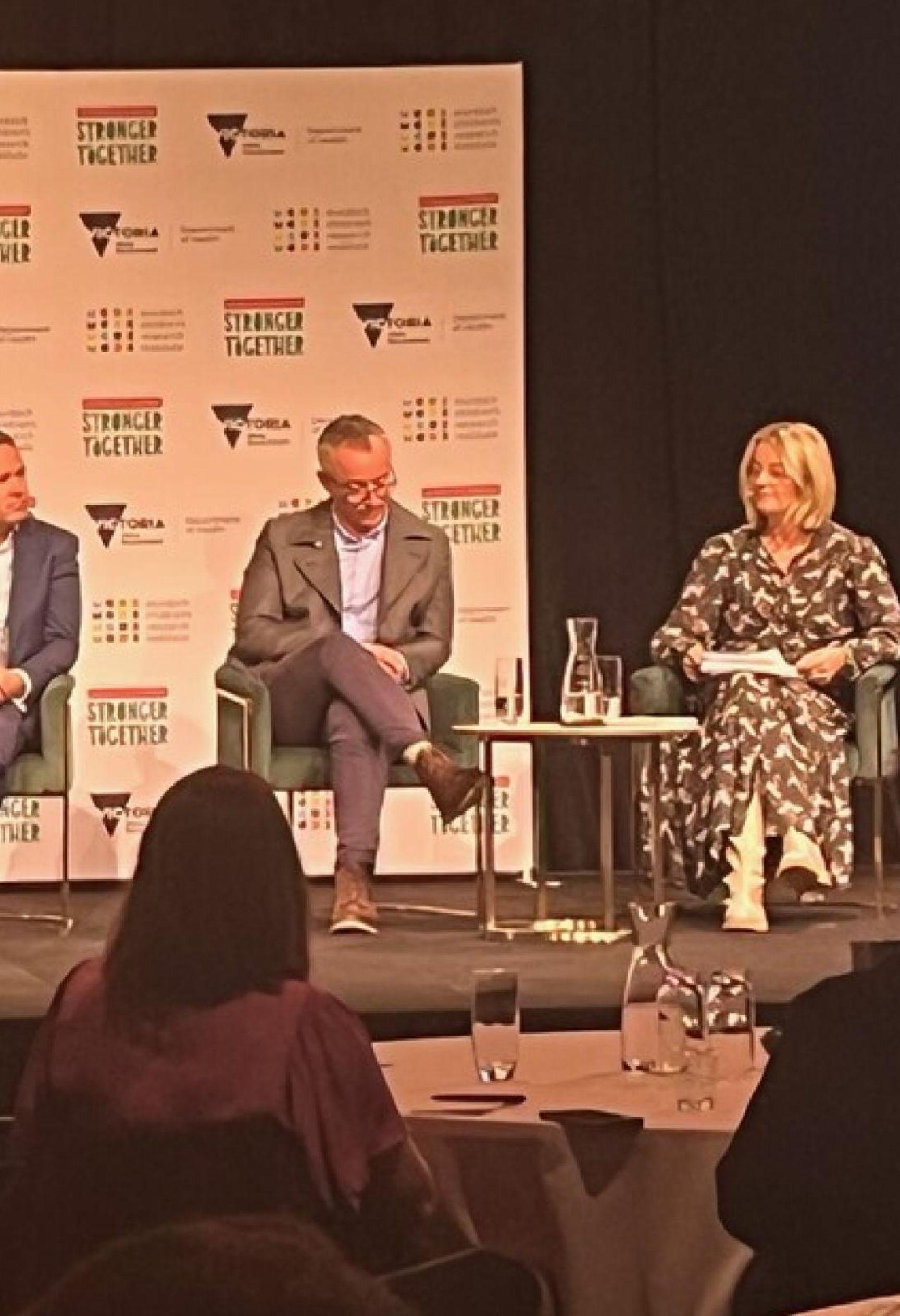 Jen Sharpe sitting on the Victorian Government's "Stronger Together" panel.