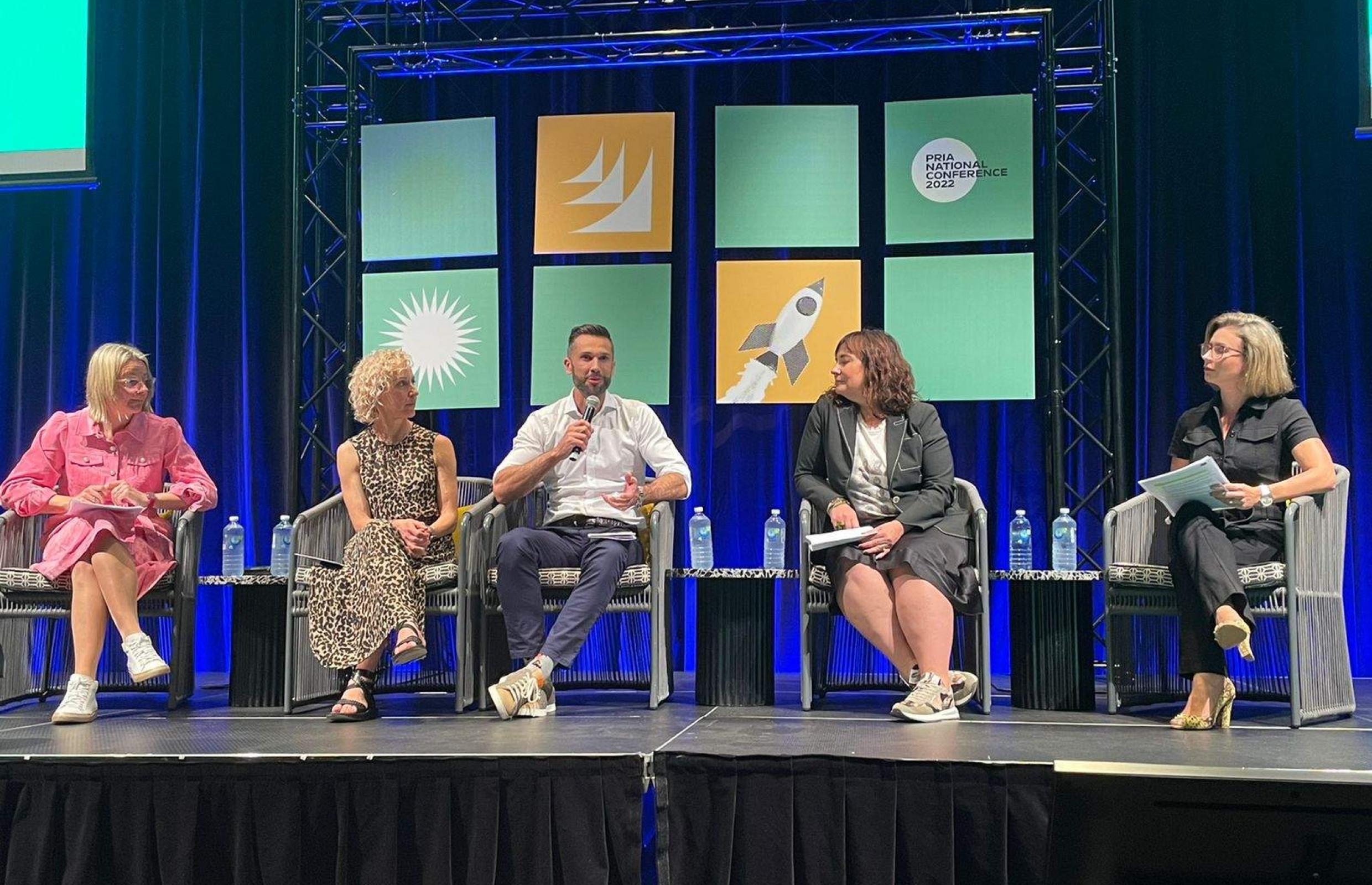 Jen Sharpe at the 2022 PRIA National Conference as part of a panel on Innovating the ways that matter to our clients. From left: Jen, Mandy Galmes from Sefiani, Andy Kelaher from Ogilvy, Michelle Hutton from Edelman and Caroline Catterall from Keep Left